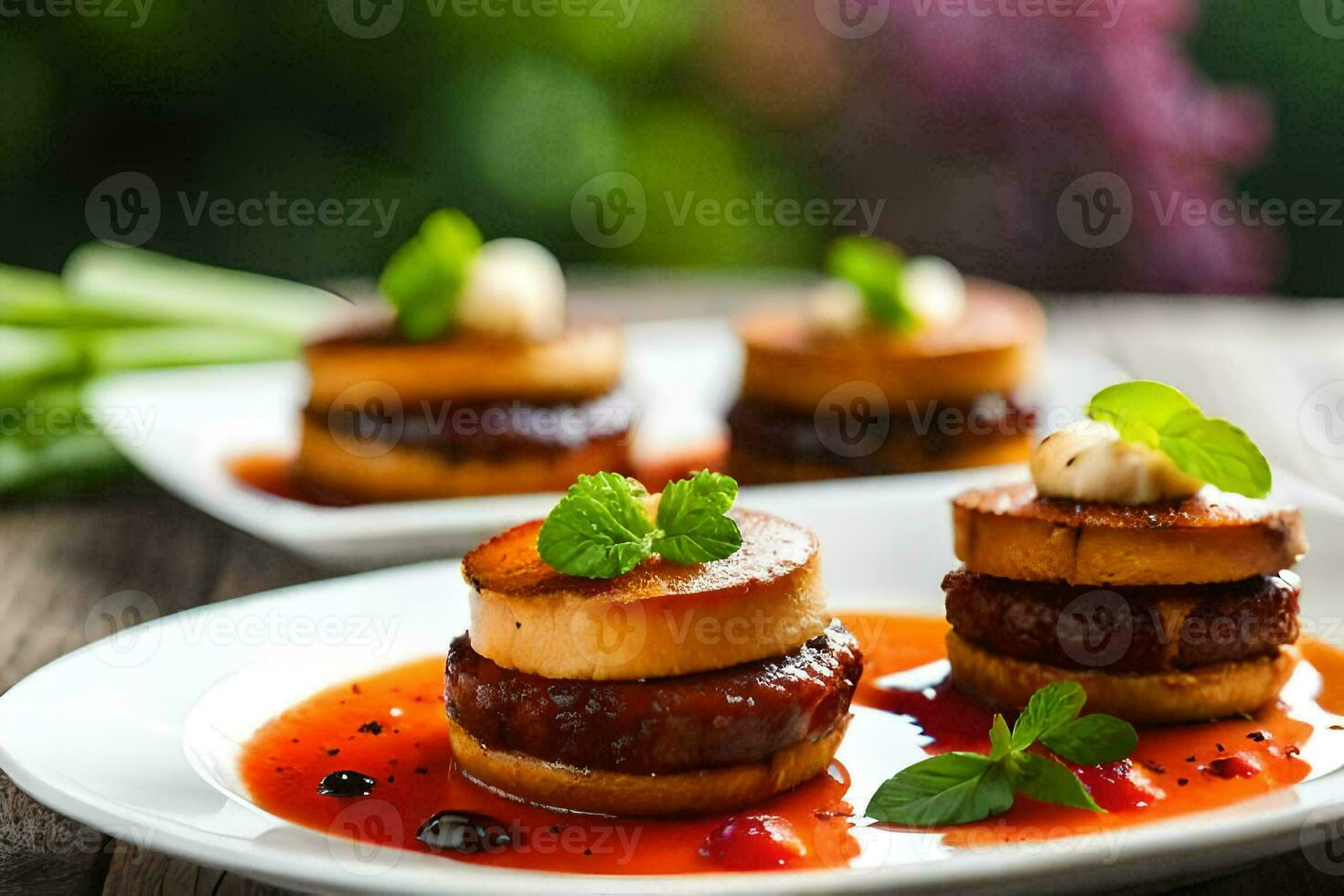 três pequeno pratos com Comida em eles. gerado por IA foto