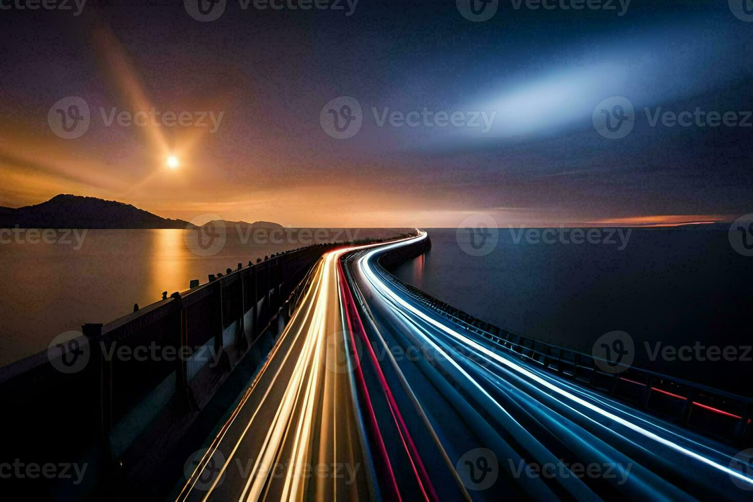 uma grandes exposição fotografia do uma ponte com luz trilhas. gerado por IA foto