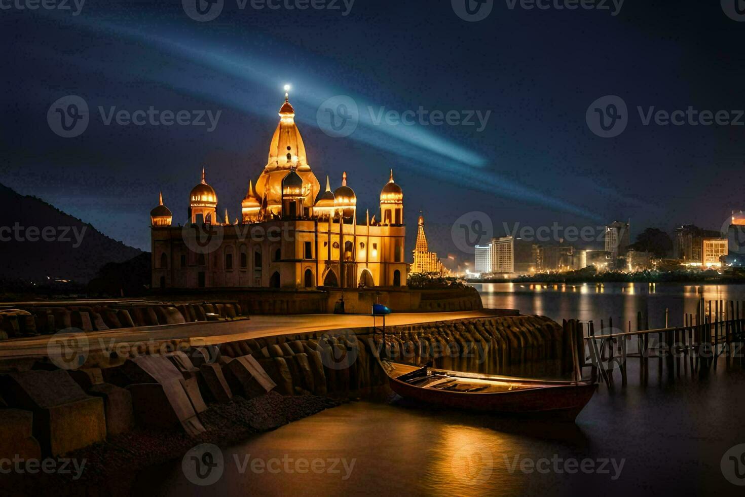 uma barco senta em a água Próximo para uma Igreja às noite. gerado por IA foto