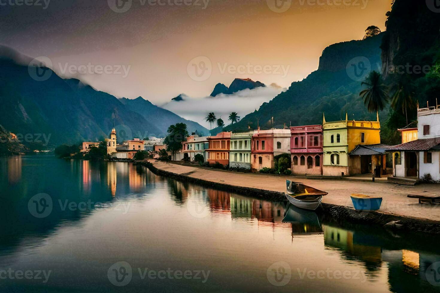 colorida casas linha a costa do uma rio. gerado por IA foto