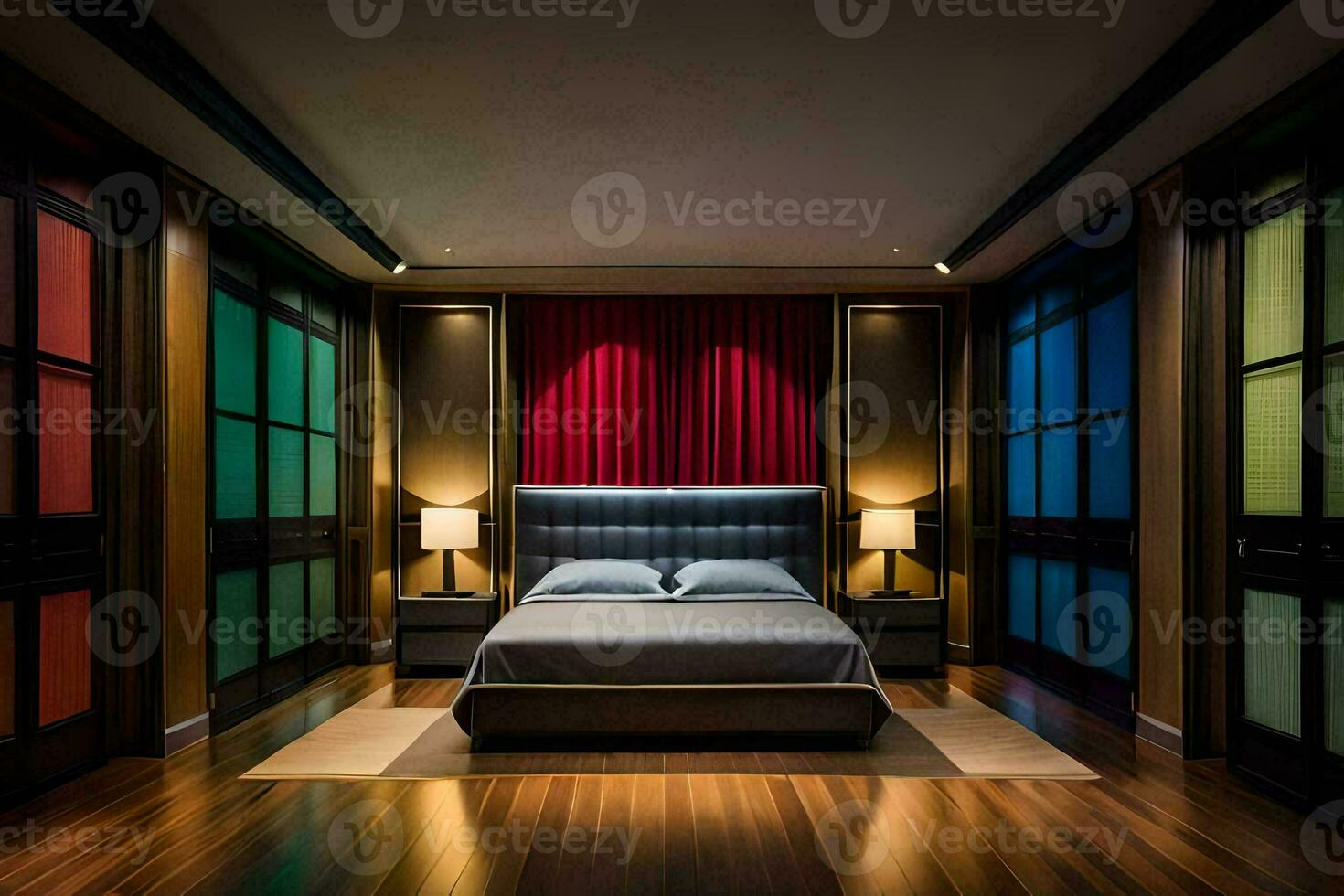 uma quarto com uma cama e uma colorida cortina. gerado por IA foto