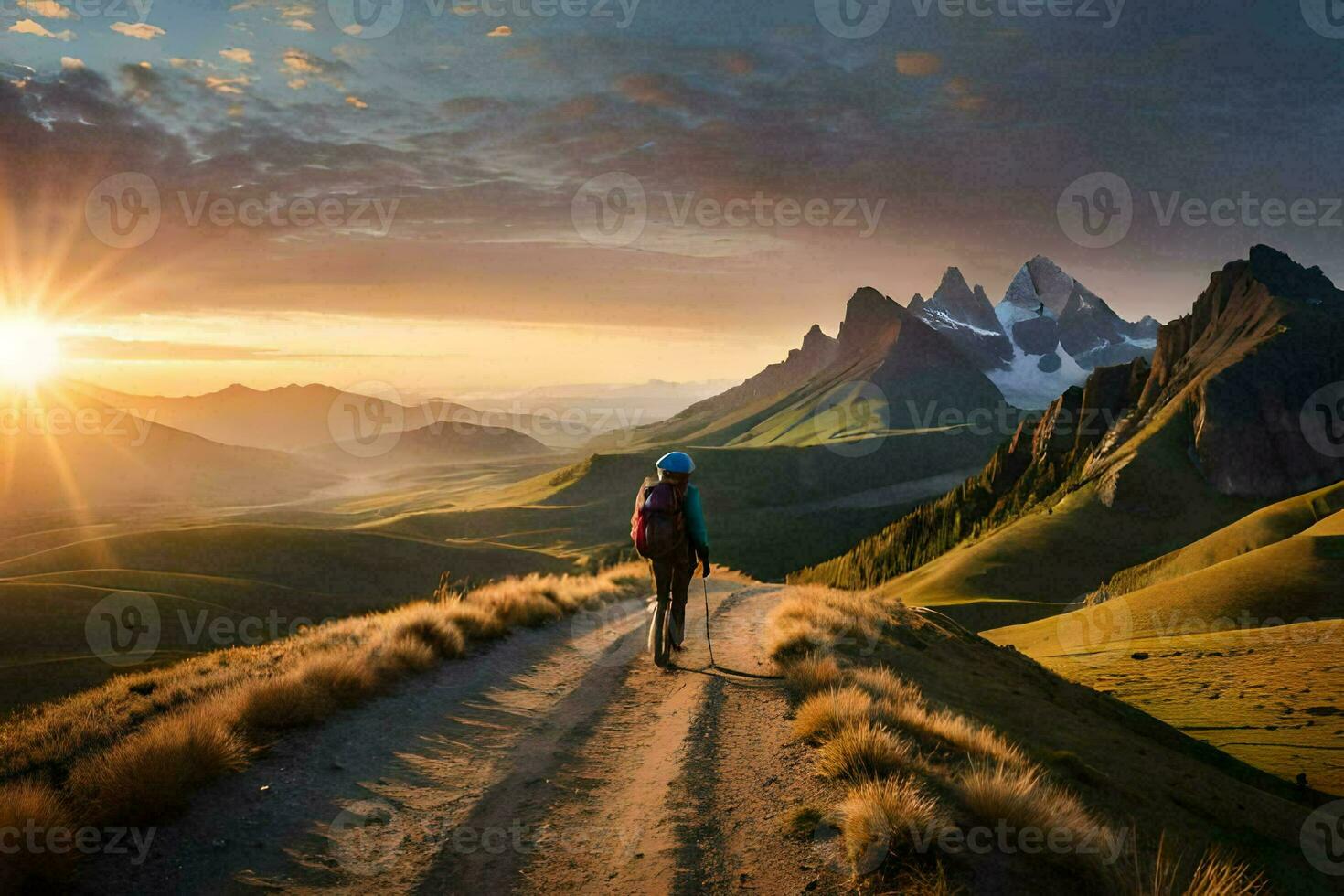 uma pessoa caminhando em uma sujeira estrada dentro a montanhas. gerado por IA foto