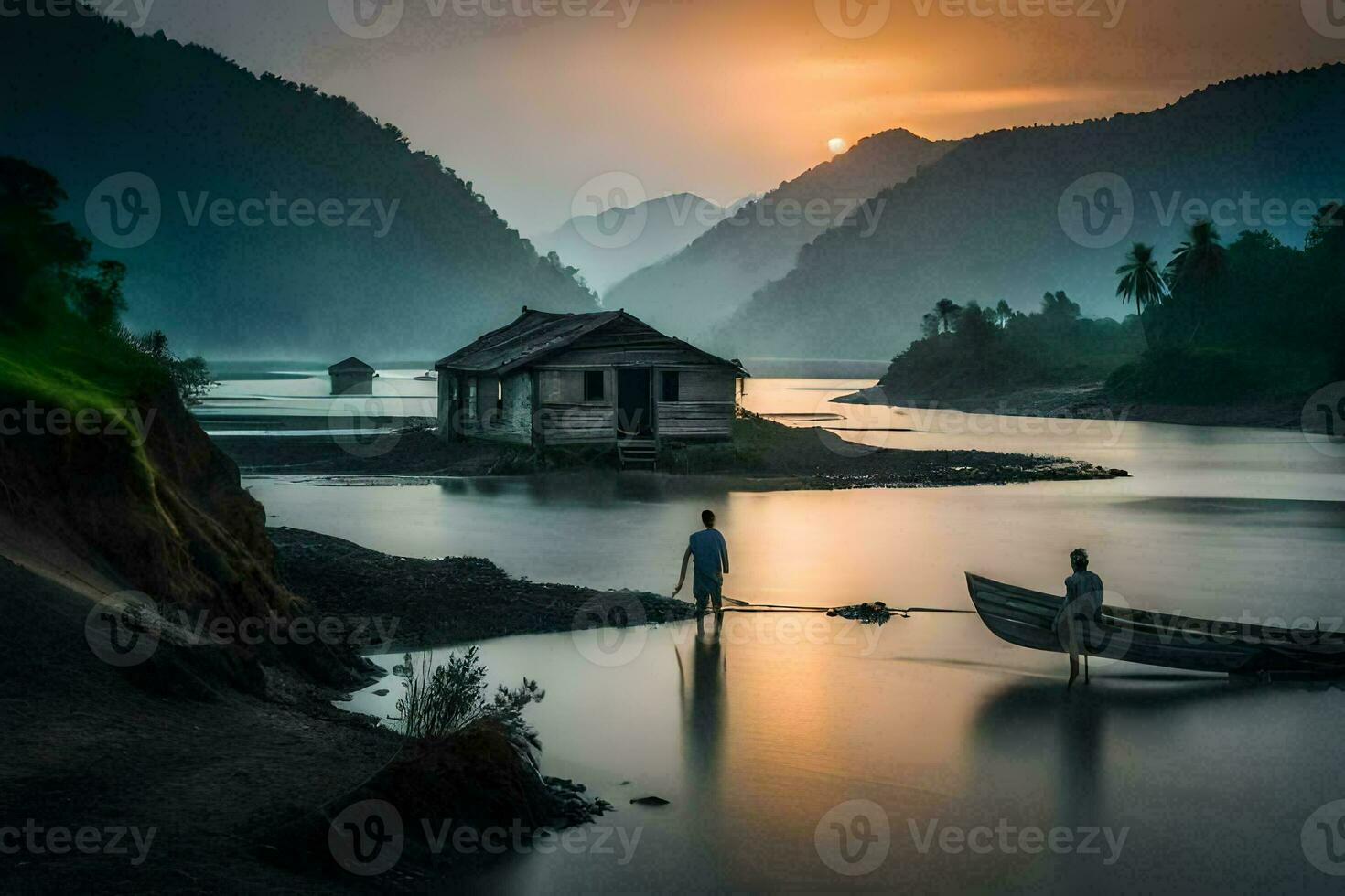 dois homens ficar de pé em a costa do uma rio com uma barco. gerado por IA foto