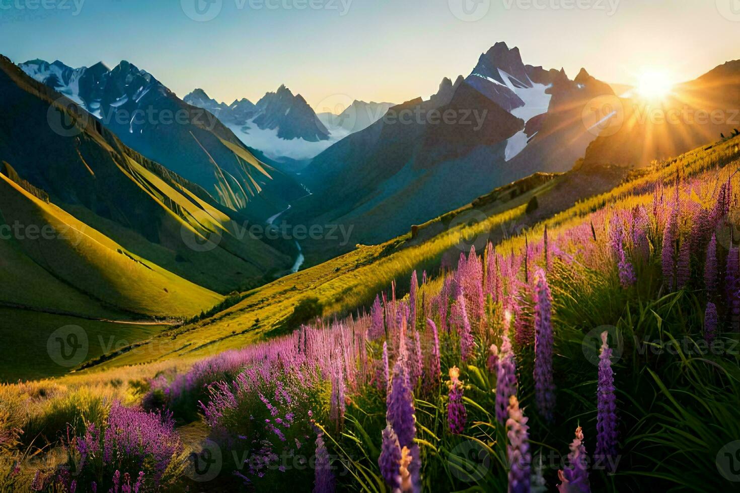 a Sol sobe sobre a montanhas e flores dentro a vale. gerado por IA foto