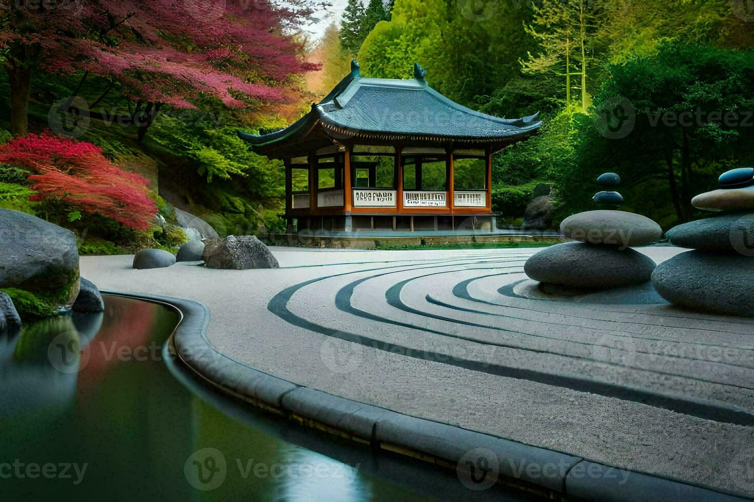 uma japonês jardim com pedras e água. gerado por IA foto