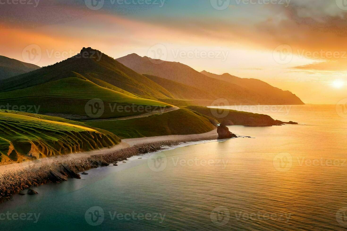 a Sol conjuntos sobre a oceano e montanhas. gerado por IA foto