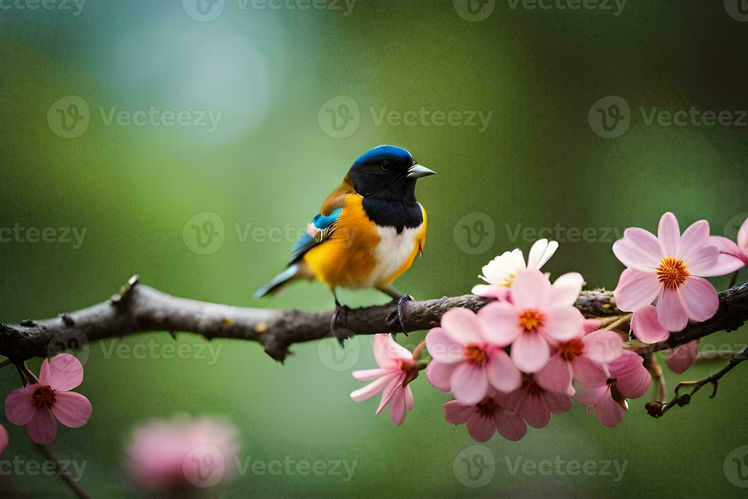foto papel de parede a céu, flores, pássaro, primavera, a pássaro, primavera, a pássaro,. gerado por IA