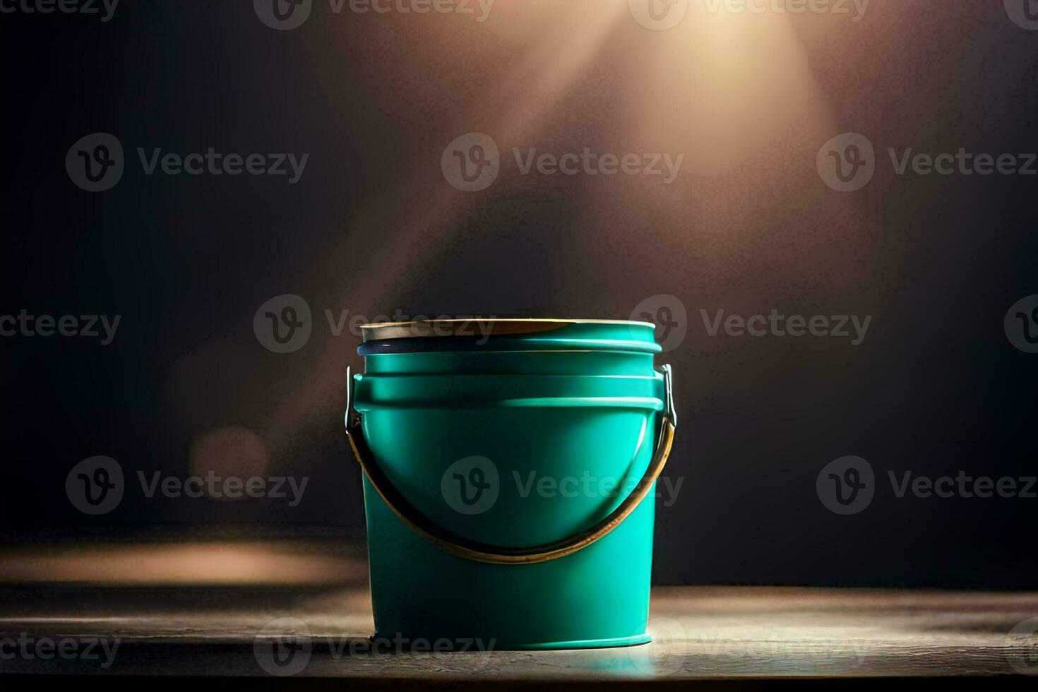 uma verde pintura balde em uma de madeira mesa. gerado por IA foto