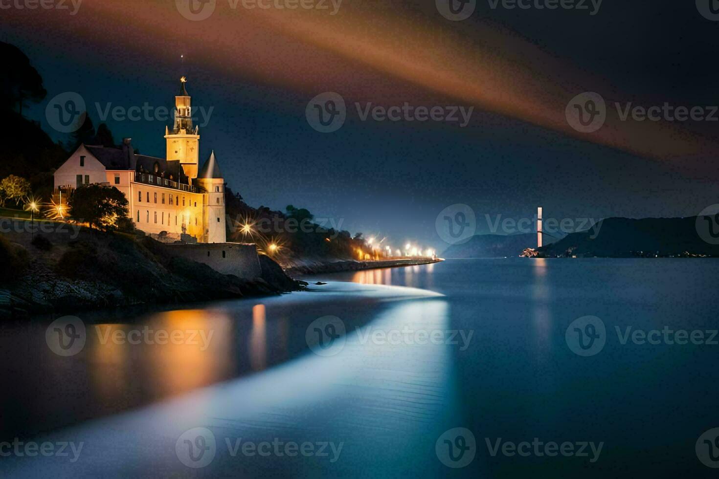 uma Igreja é aceso acima às noite em a costa do a oceano. gerado por IA foto