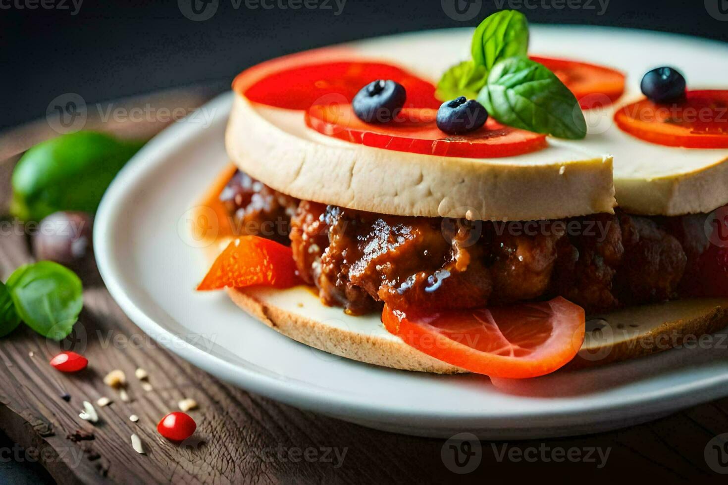 uma sanduíche com carne, tomates e queijo. gerado por IA foto