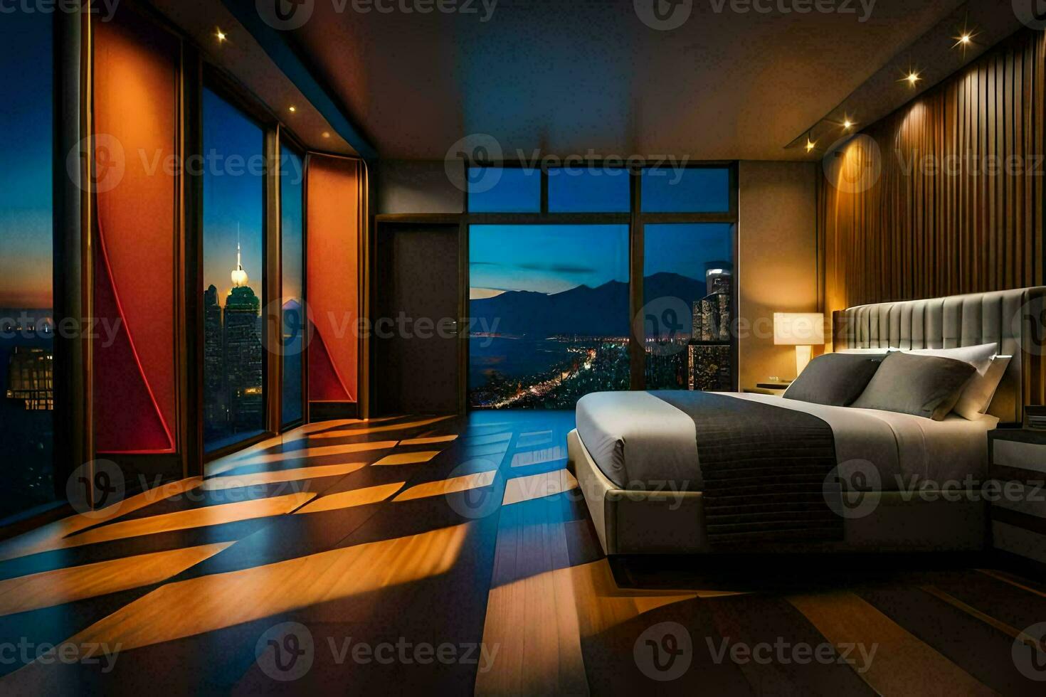 uma quarto com uma Visão do a cidade às noite. gerado por IA foto