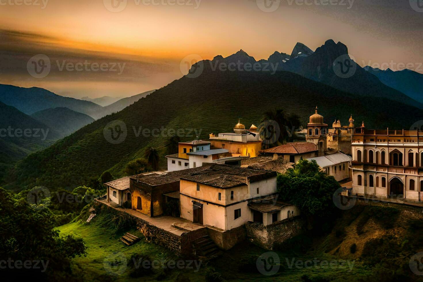 uma Vila dentro a montanhas às pôr do sol. gerado por IA foto