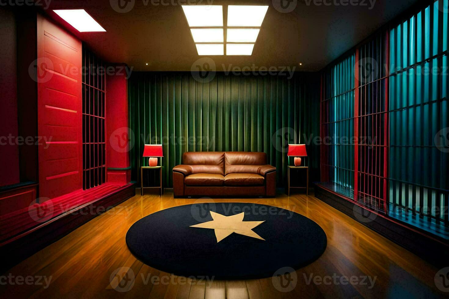 uma quarto com uma couro sofá e uma Estrela em a chão. gerado por IA foto