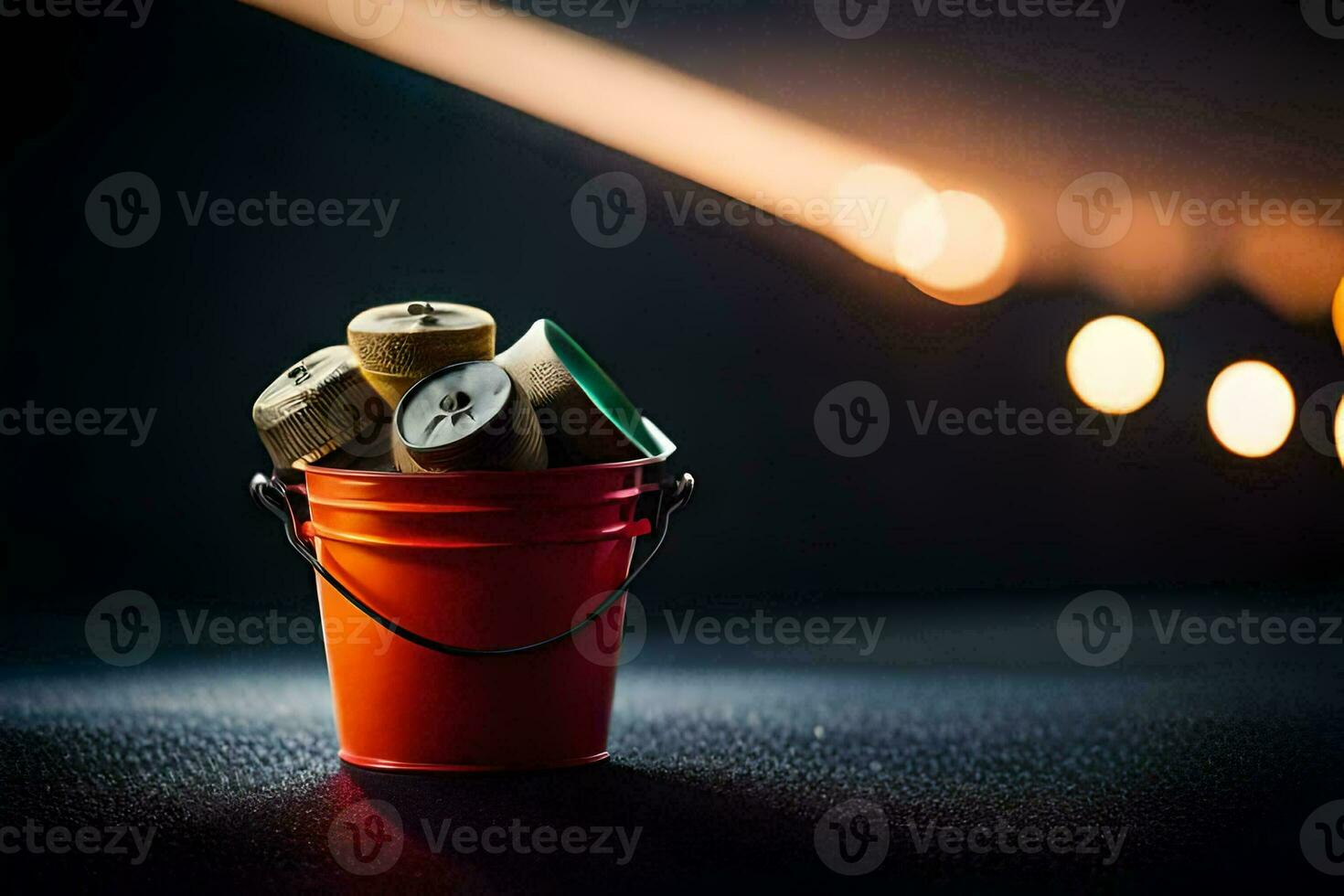 uma balde preenchidas com vinho rolhas em uma Sombrio fundo. gerado por IA foto