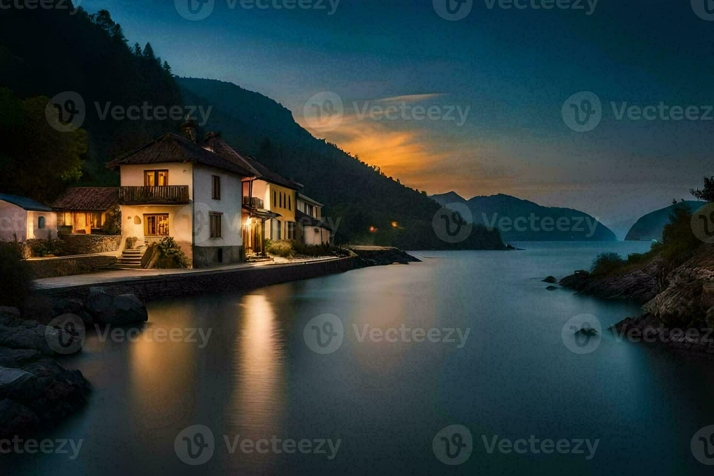 uma casa senta em a costa do uma lago às crepúsculo. gerado por IA foto