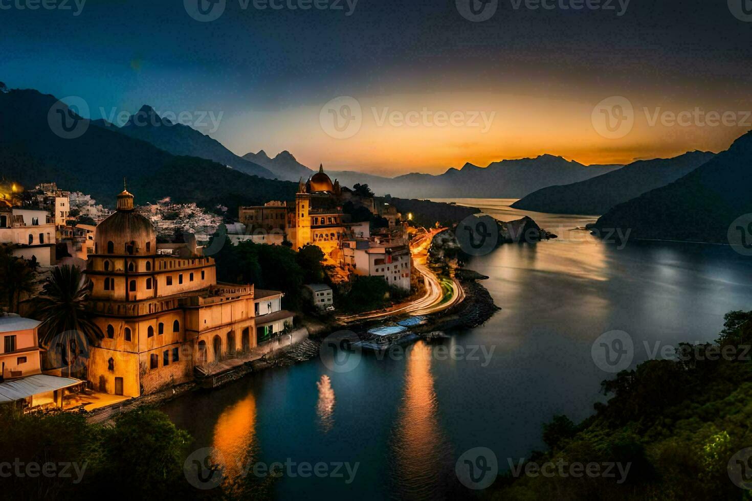 foto papel de parede a céu, montanhas, lago, a cidade, a cidade, a cidade, o. gerado por IA