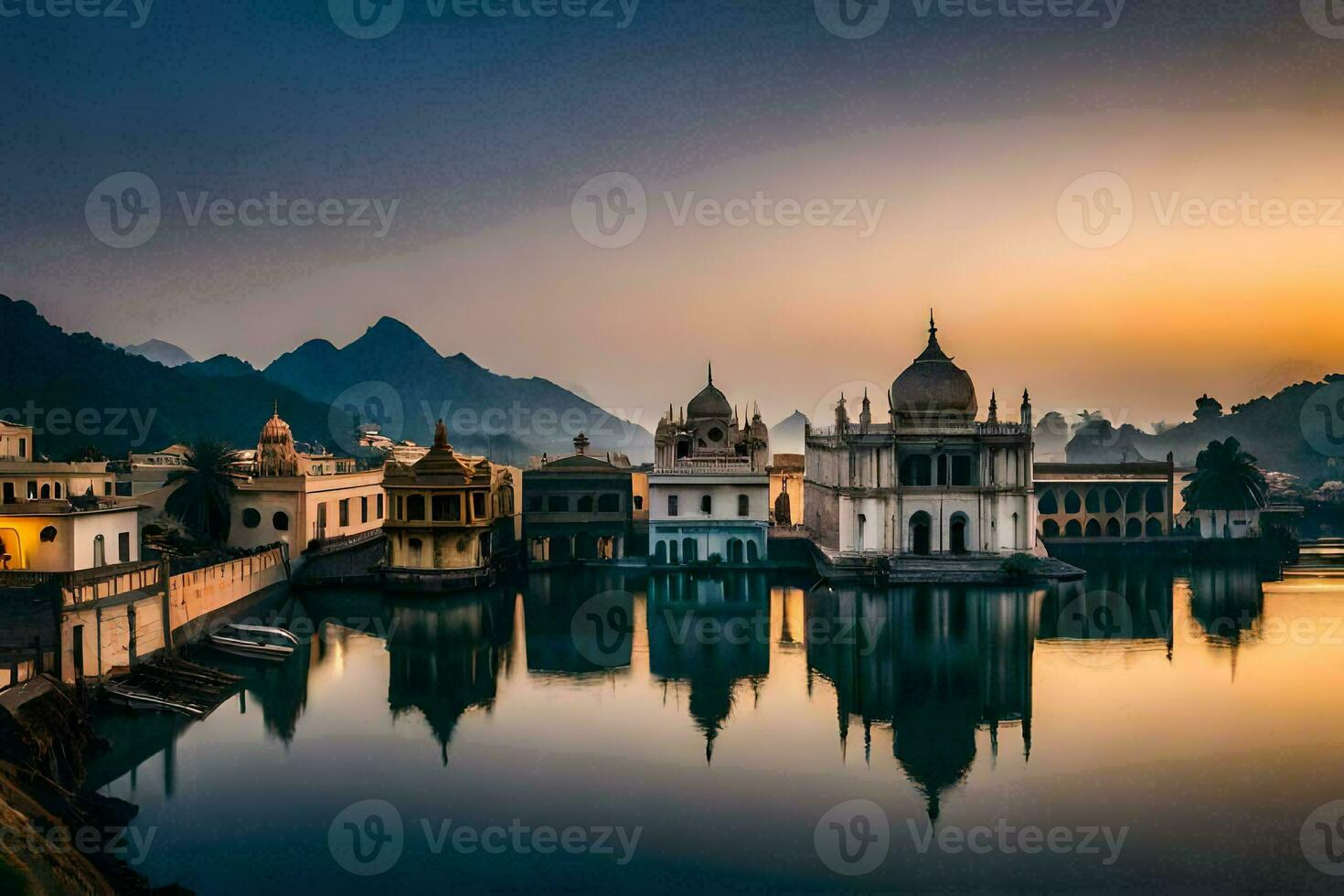 a cidade do Udaipur às pôr do sol. gerado por IA foto