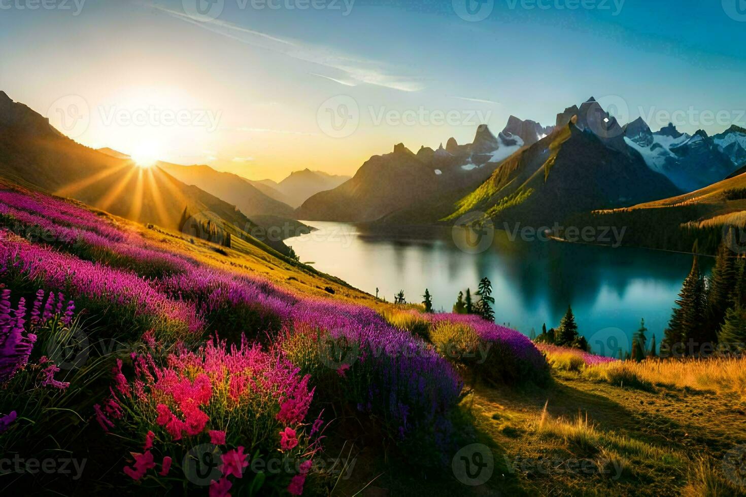 a Sol sobe sobre uma lago e roxa flores dentro a montanhas. gerado por IA foto