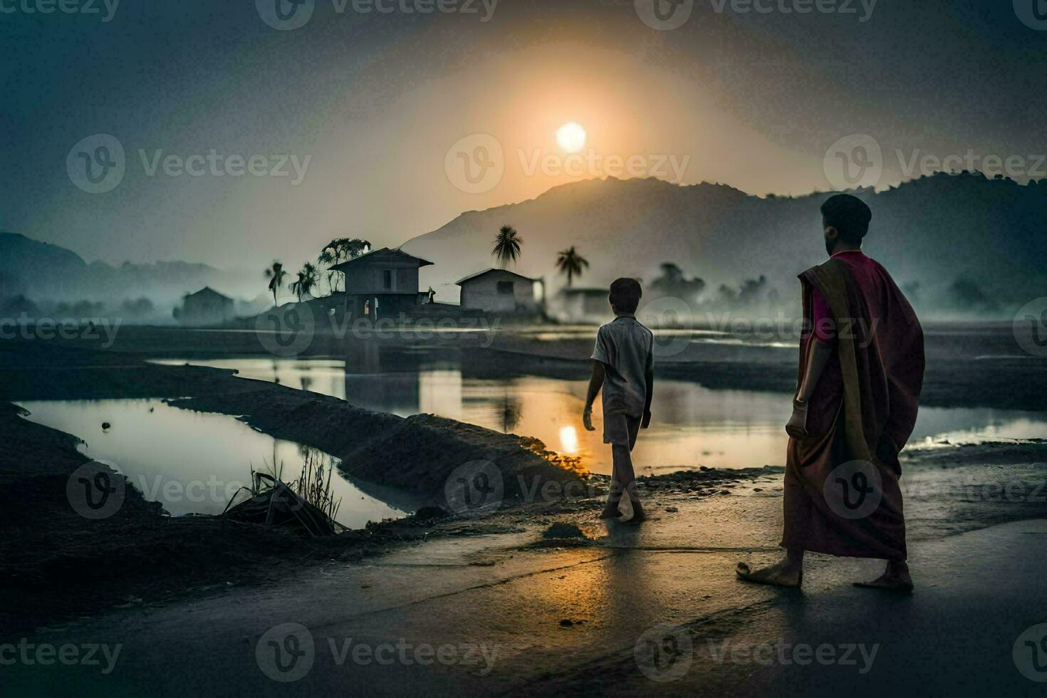 dois monges caminhando ao longo uma estrada às pôr do sol. gerado por IA foto