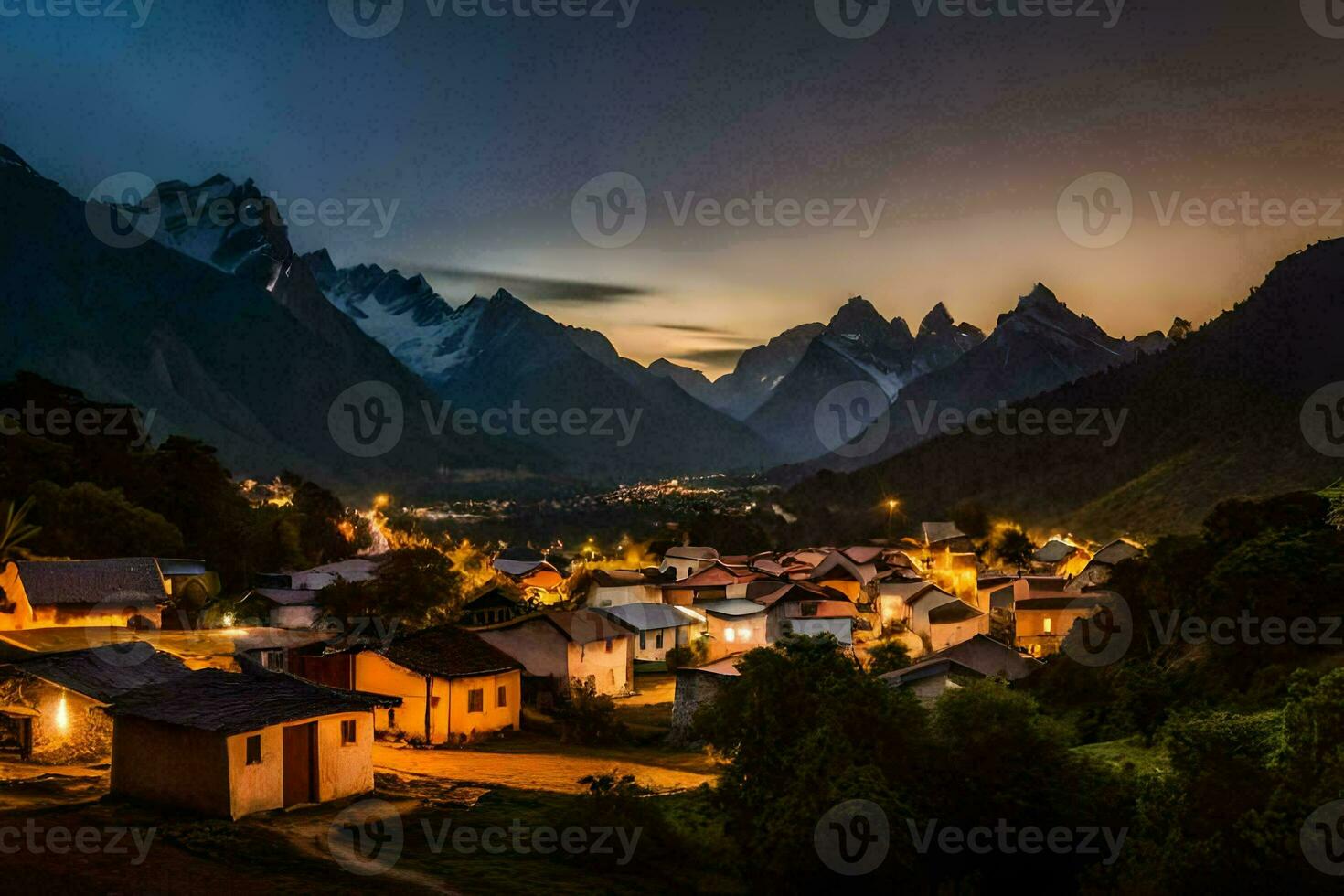 uma Vila dentro a montanhas às noite. gerado por IA foto