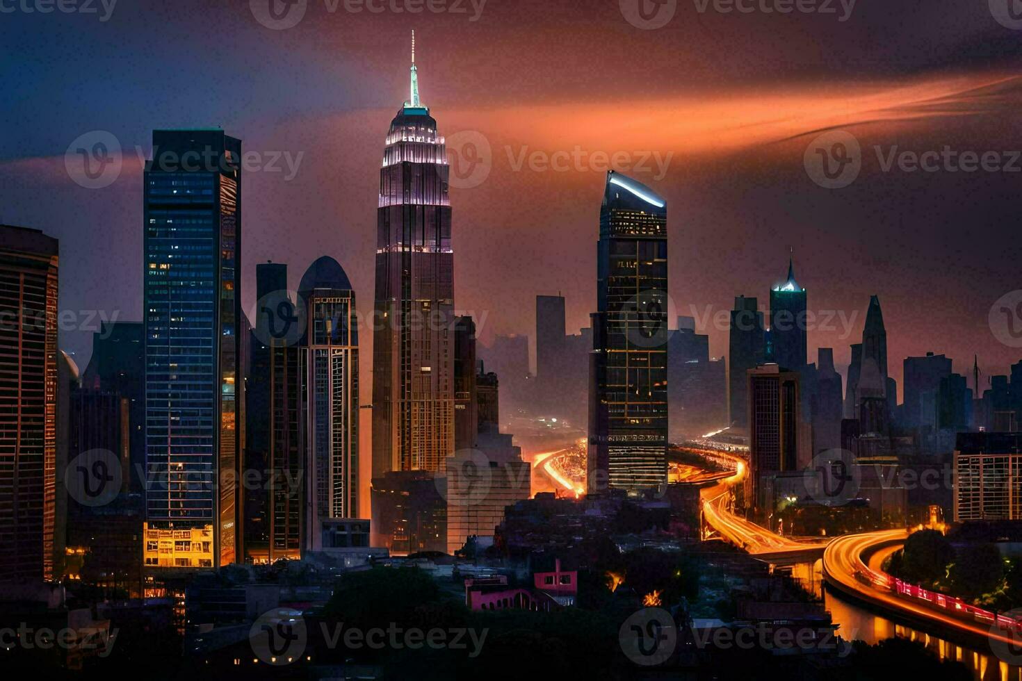 a cidade Horizonte às noite com uma colorida céu. gerado por IA foto