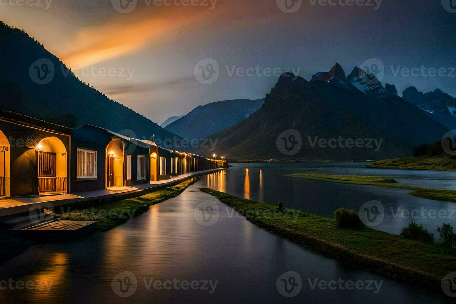 a montanhas estão aceso acima às noite com uma rio e uma casa. gerado por IA foto