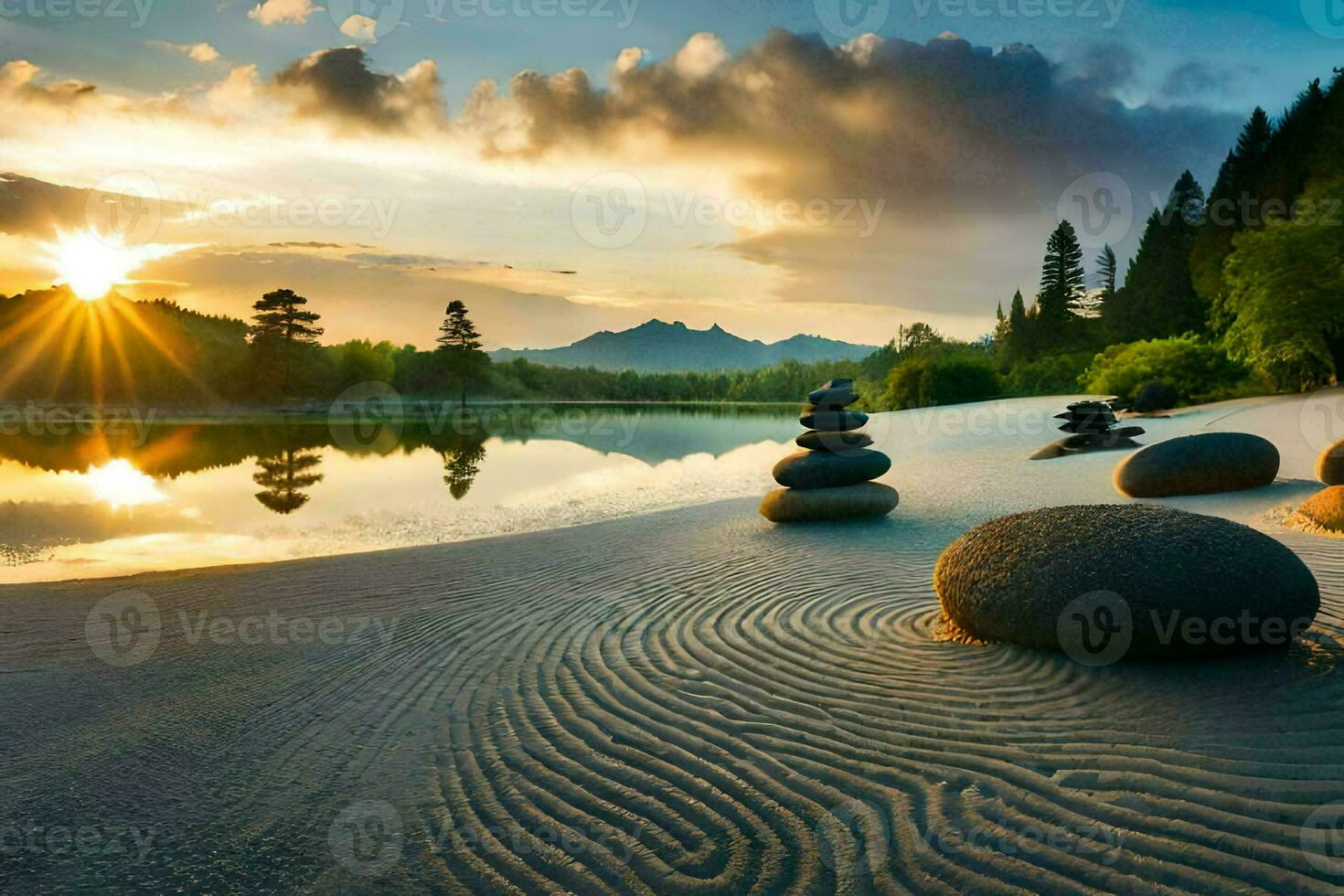 a Sol sobe sobre a lago e pedras dentro a areia. gerado por IA foto