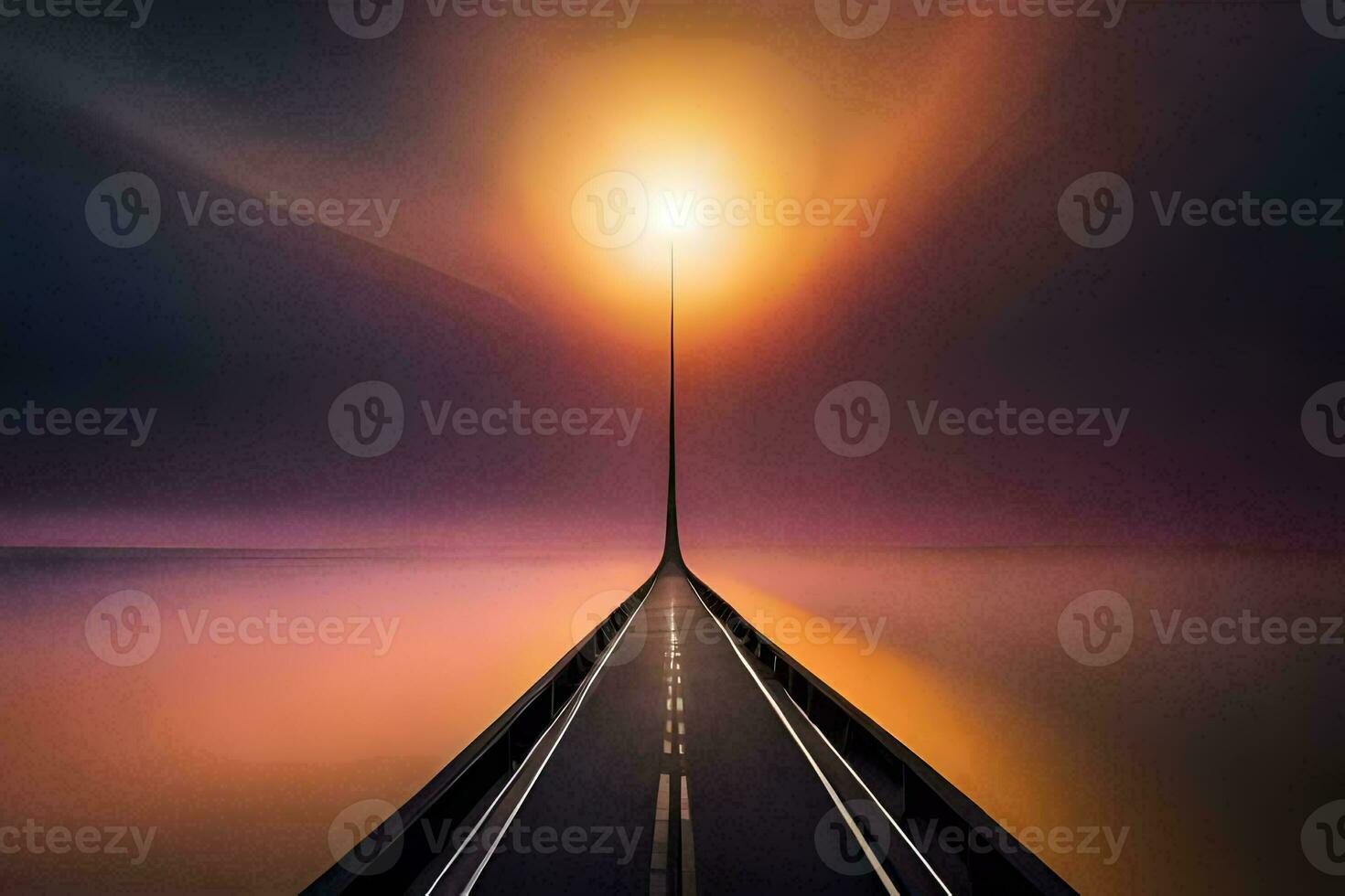 uma grandes estrada conduzindo para a oceano às pôr do sol. gerado por IA foto