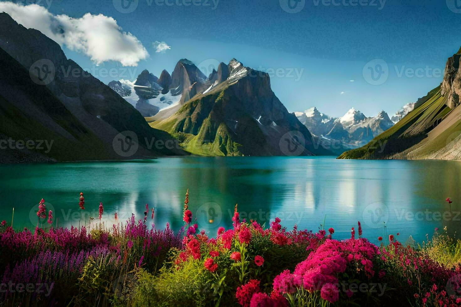 a lindo panorama do a lago e flores gerado por IA foto