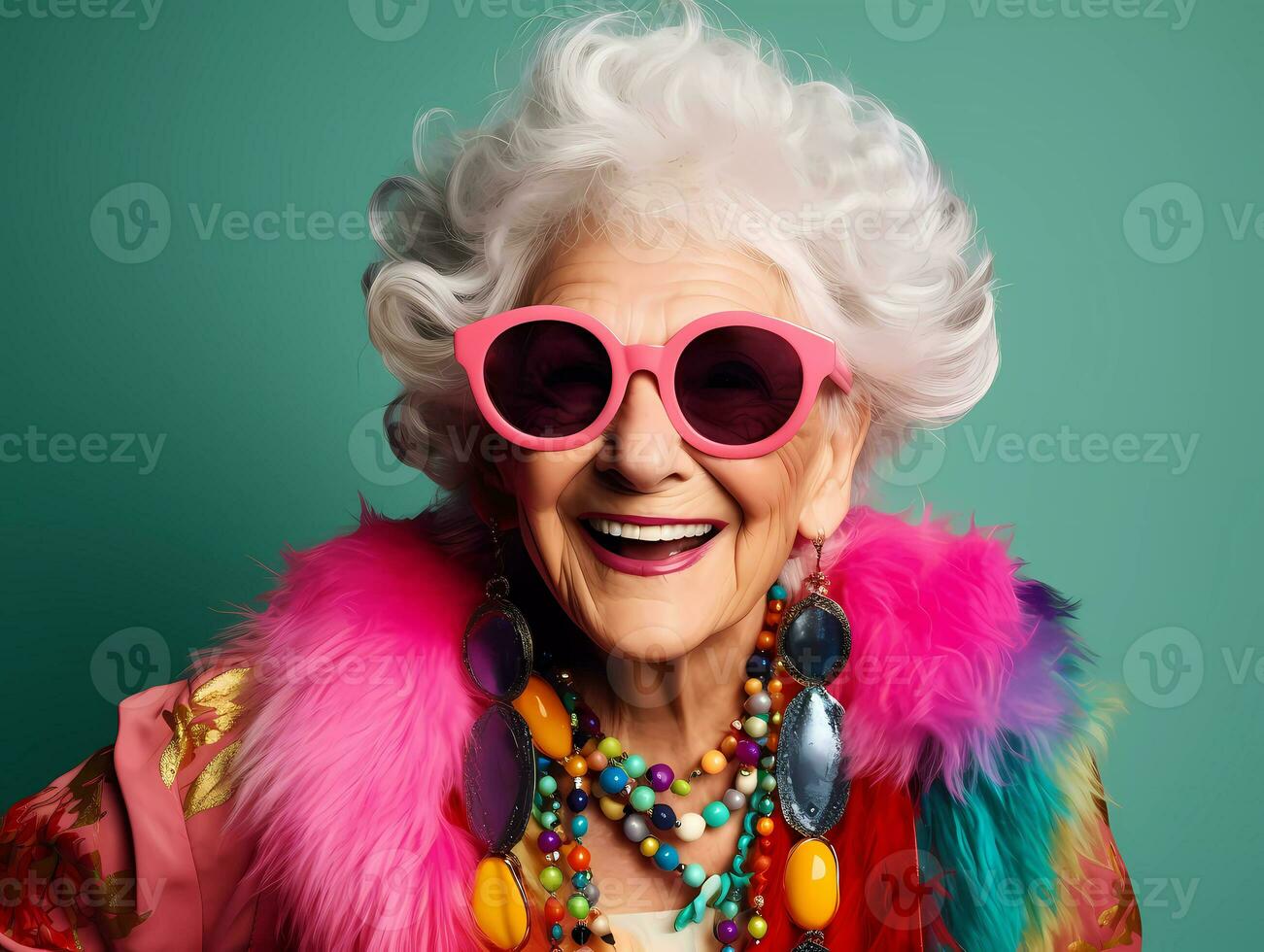 ai gerado feliz e engraçado legal velho avó com elegante roupas retrato em néon fundo. foto