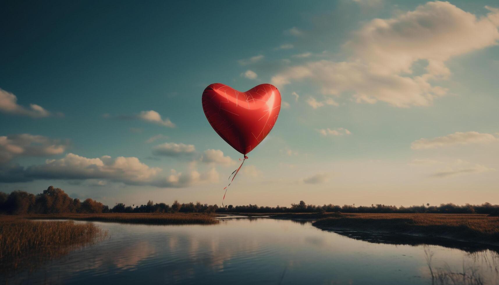 amor e romance dentro natureza coração em forma reflexão às pôr do sol gerado de ai foto