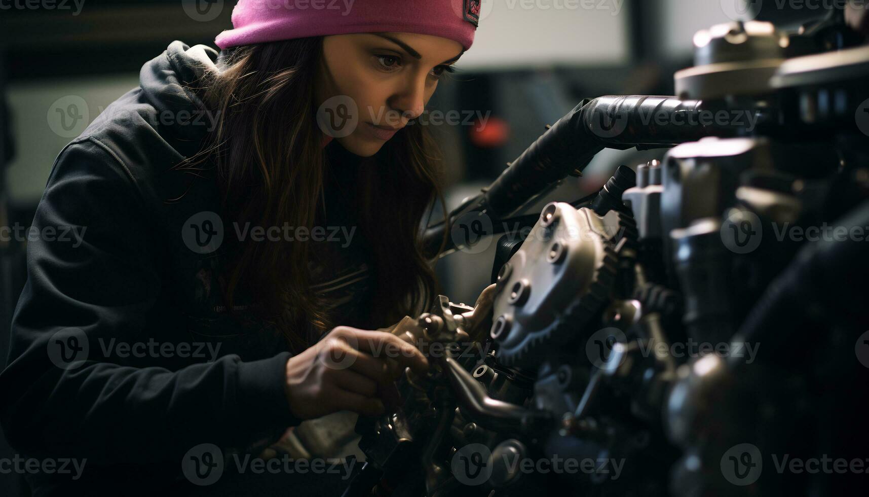 fêmea mecânico reparação carro dentro oficina generativo ai foto