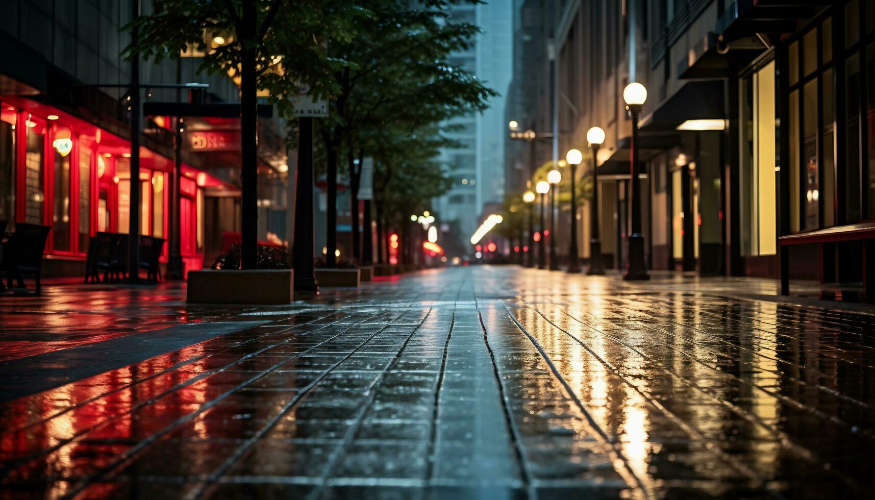 calçada às noite depois de chuva com molhado ruas ai generativo foto