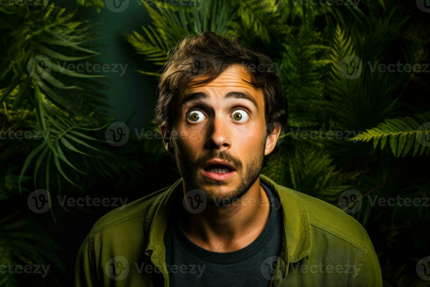 ansioso jovem adulto dentro floresta isolado em uma verde gradiente fundo foto