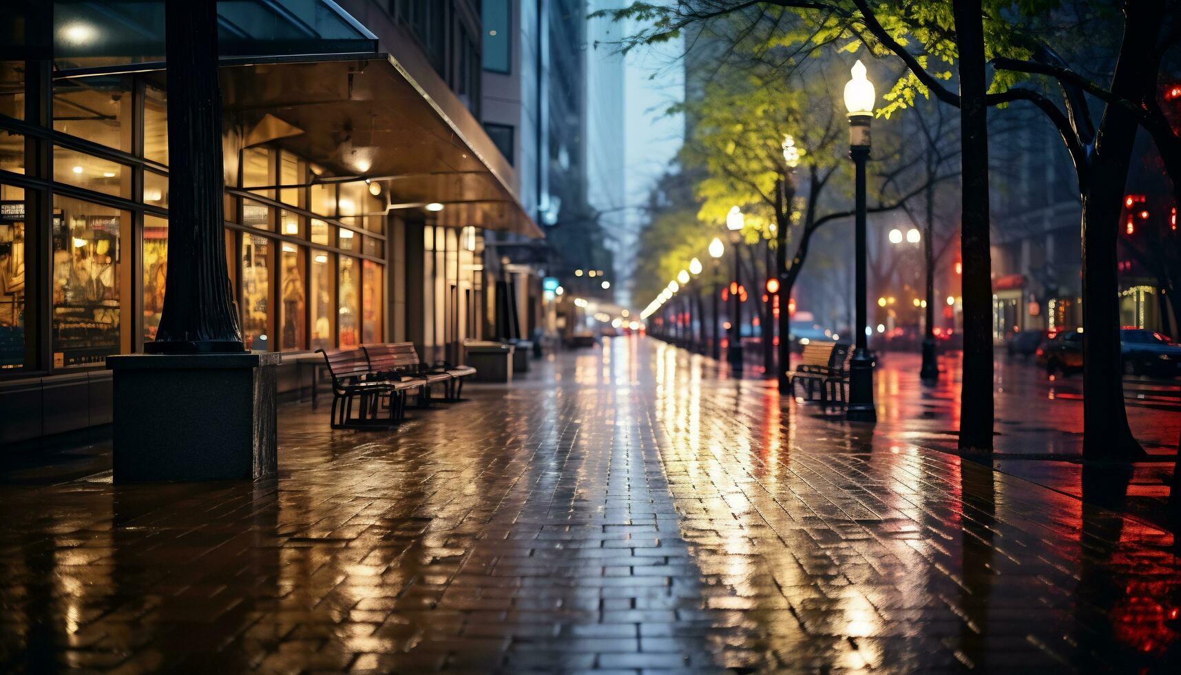 calçada às noite depois de chuva com molhado ruas ai generativo foto