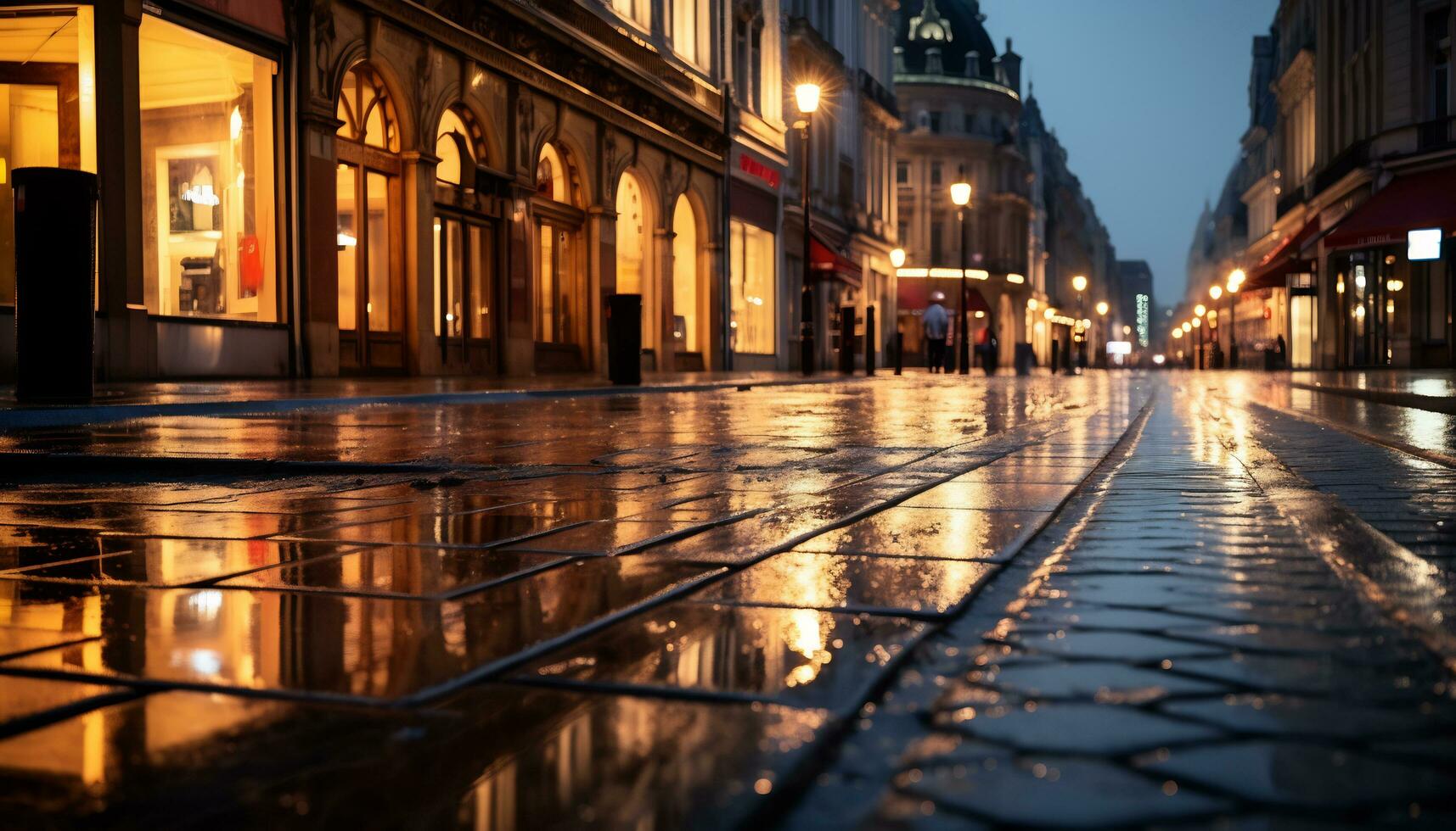 calçada às noite depois de chuva com molhado ruas ai generativo foto