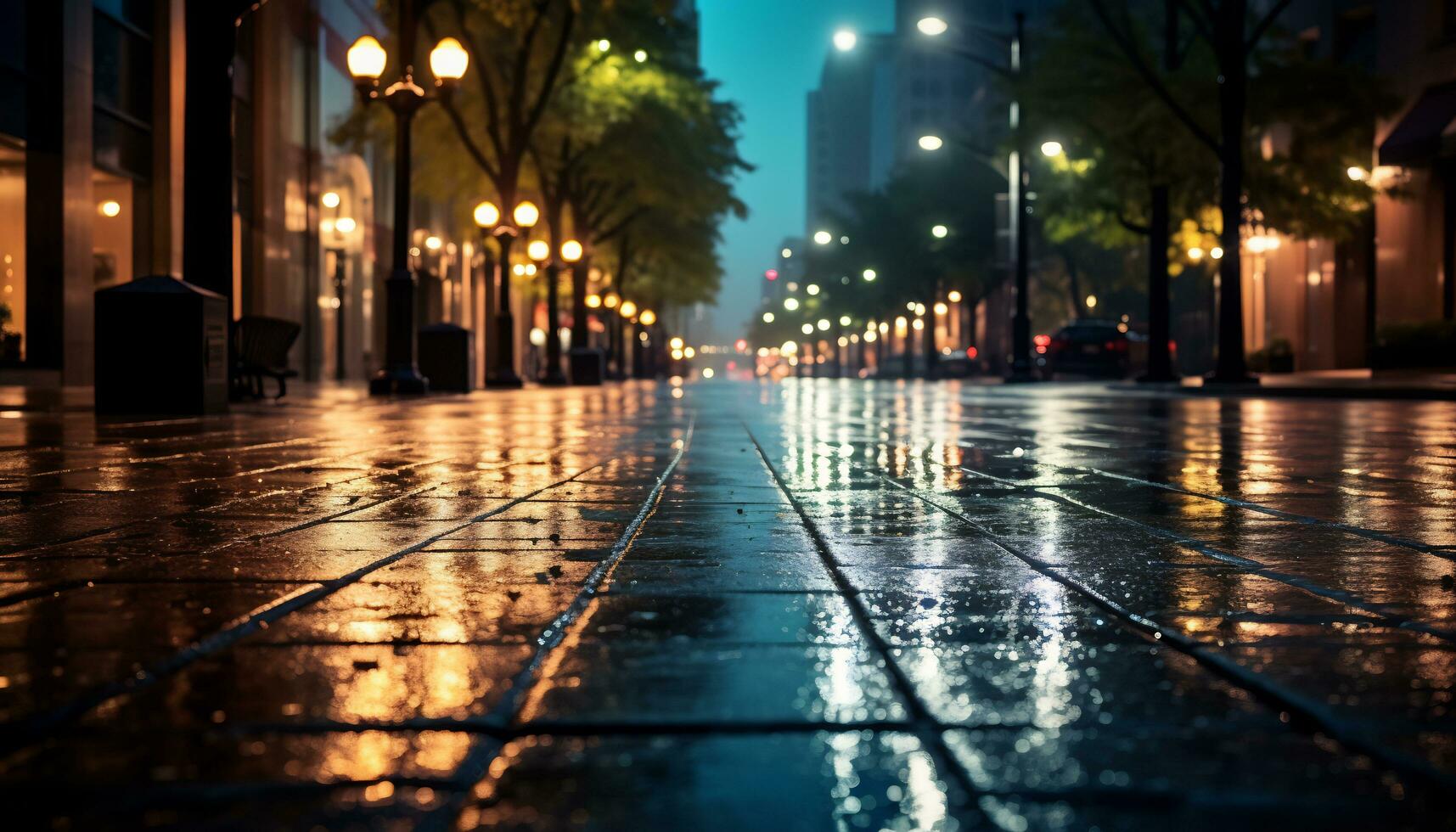 calçada às noite depois de chuva com molhado ruas ai generativo foto