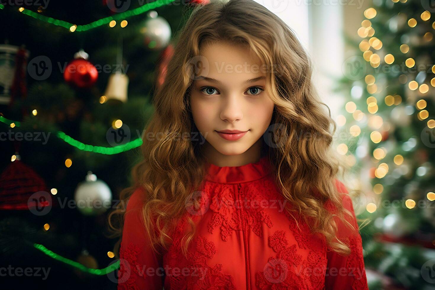 uma jovem menina vestindo vermelho e verde vestir dentro frente do a decorado Natal árvore ai generativo foto