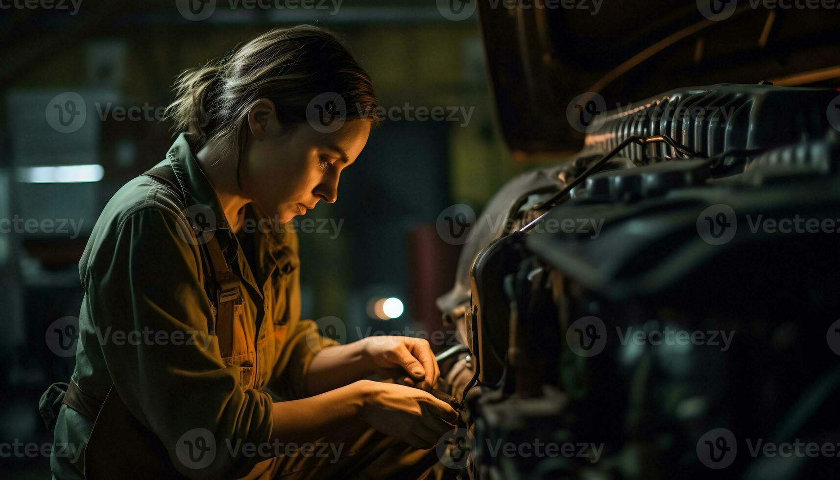 fêmea mecânico reparação uma vintage carro generativo ai foto