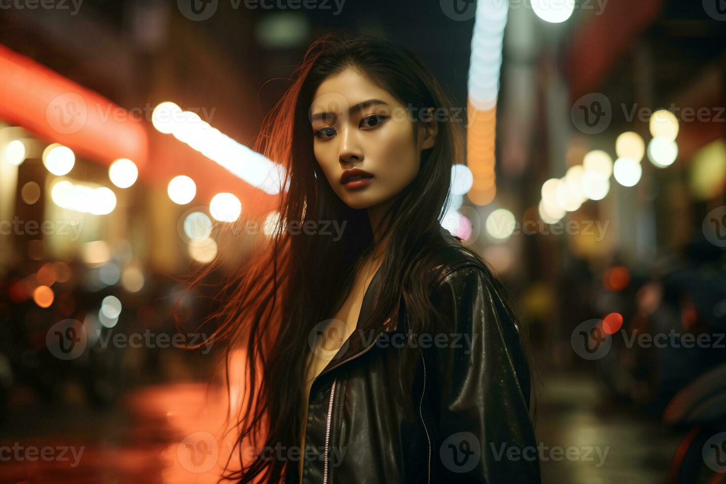 ásia menina com elegante equipamento posando dentro movimentado cidade generativo ai foto