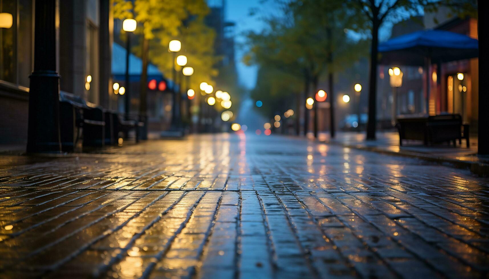 calçada às noite depois de chuva com molhado ruas ai generativo foto