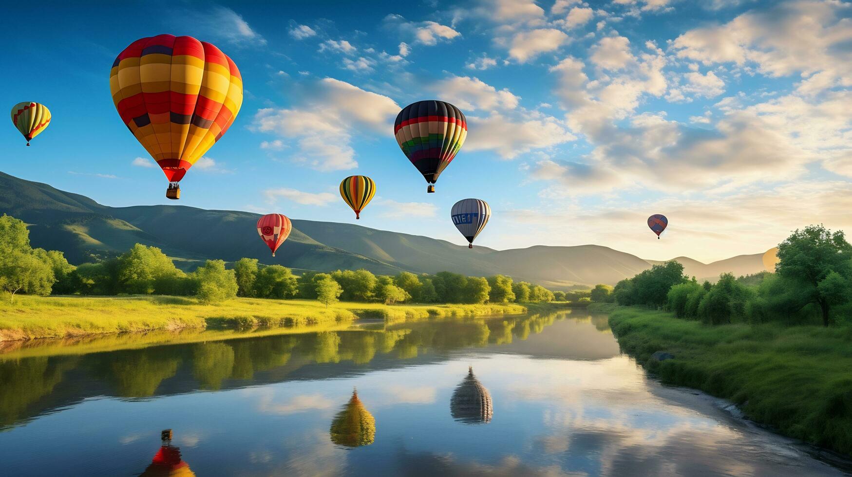 quente ar balão sobre uma panorama do rios e montanhas generativo ai foto