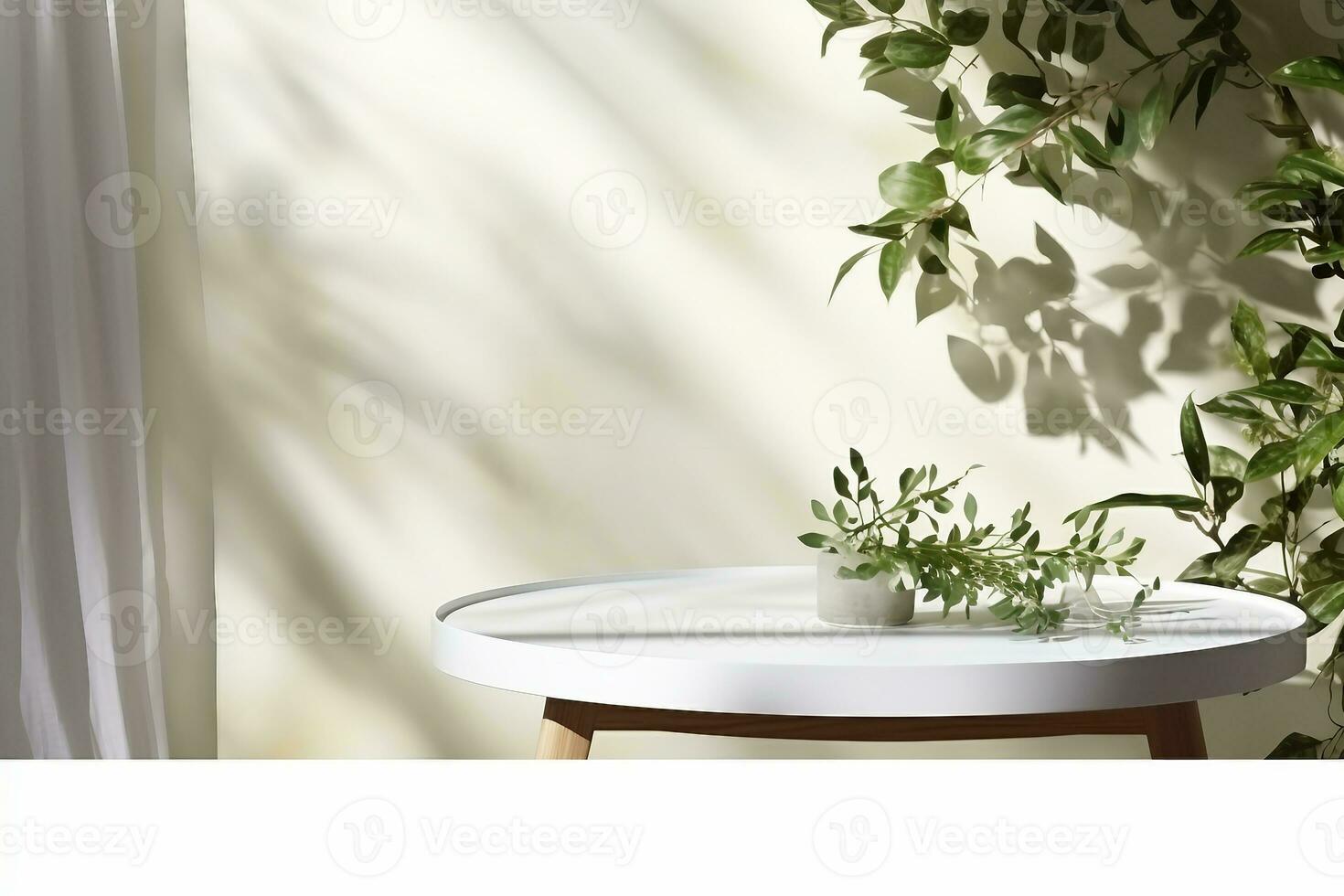 interior projeto, esvaziar limpar \ limpo branco mesa bandeja pódio com verde folhas plantar, sopro cortinas, lindo folhagem folhas sombra em branco em branco parede, plano de fundo, produtos mostrar. generativo ai. foto