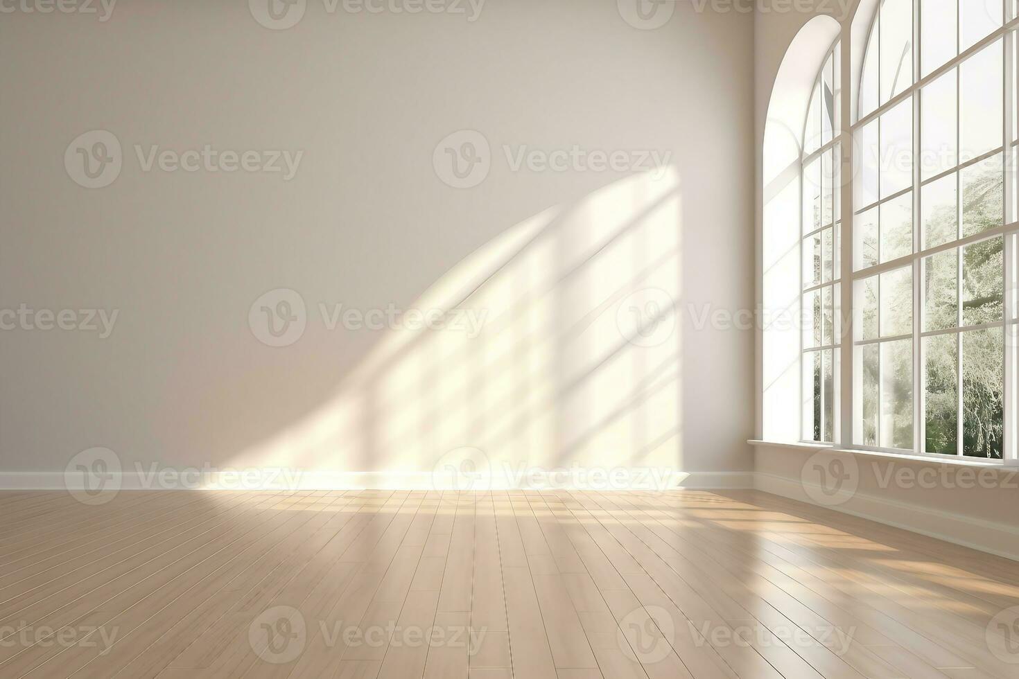 interior projeto, brincar do branco esvaziar quarto isso arco janela e madeira laminado chão, Sol luz fundida a sombra em a parede, perspectiva do mínimo inteior Projeto. generativo ai. foto