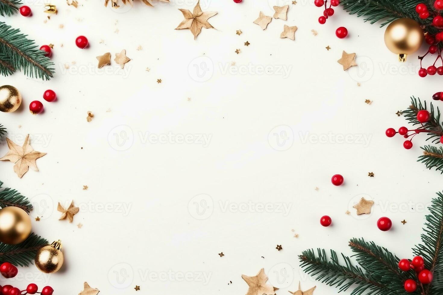 Natal composição. quadro, Armação fez do Natal árvore galhos, dourado decorações e vermelho bagas em branco fundo. plano deitar, topo visualizar, cópia de espaço. generativo ai. foto