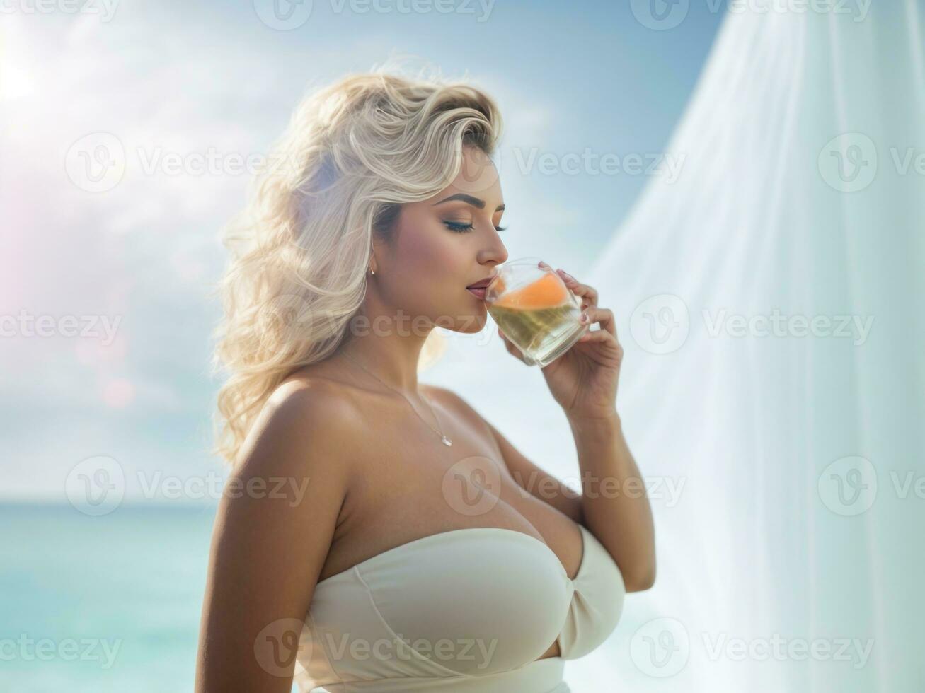 lindo branco cabelo mulheres bebendo suco. generativo ai foto