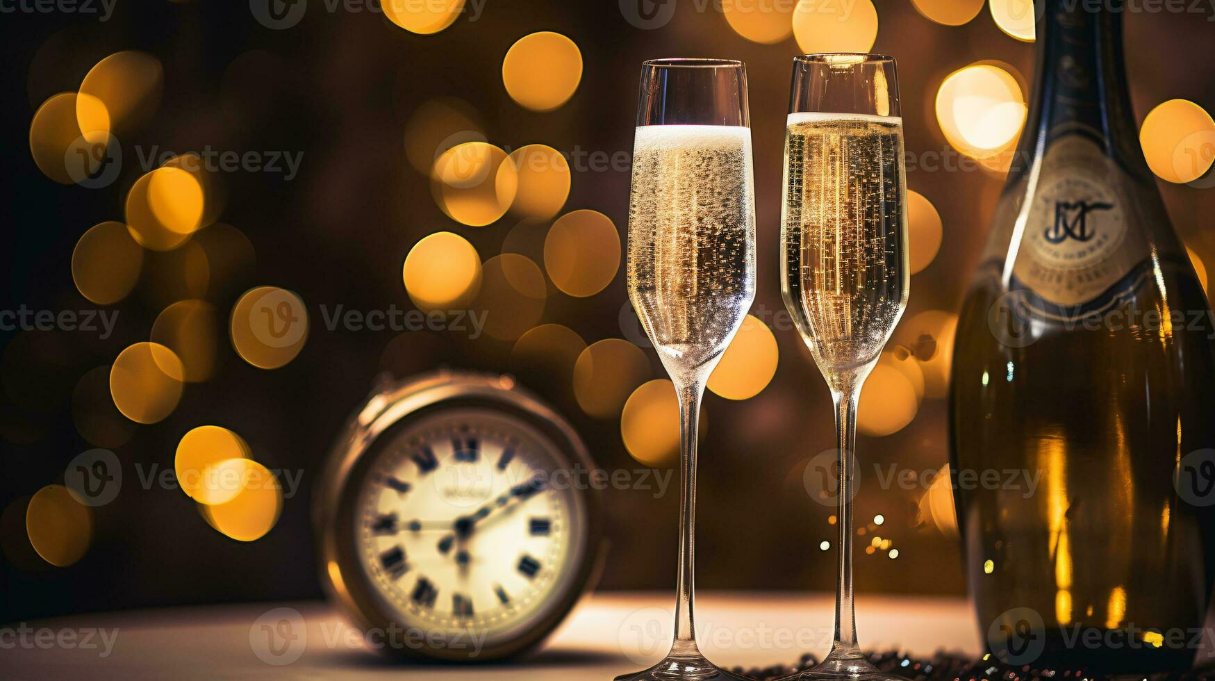 ai generativo Novo anos véspera champanhe com bokeh luz e relógio foto