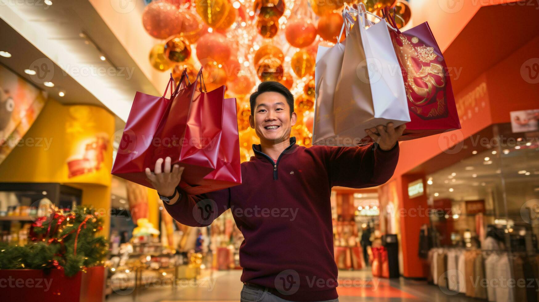 ai generativo pessoas do diferente etnia, era e gênero segurando Natal compras presente bolsas dentro Shopping todos sobre a mundo foto