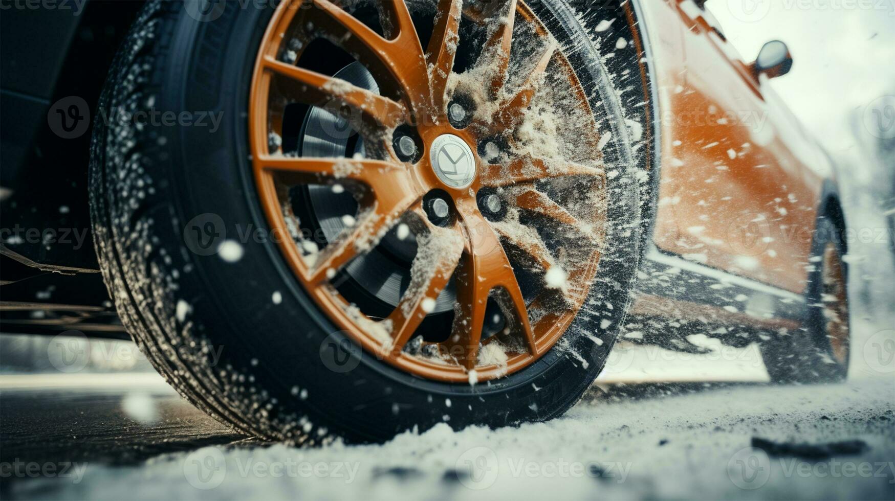 vintage carro em uma inverno estrada. fechar-se imagem ai gerado foto