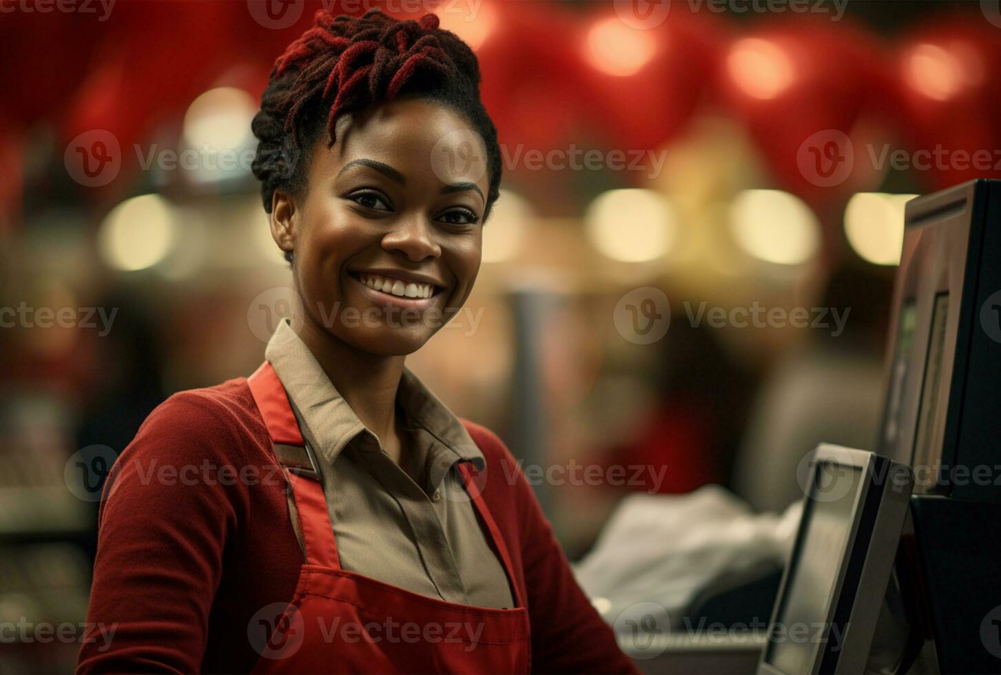 retrato do uma jovem africano americano caixa sorridente às a Câmera dentro uma café fazer compras ai gerado foto